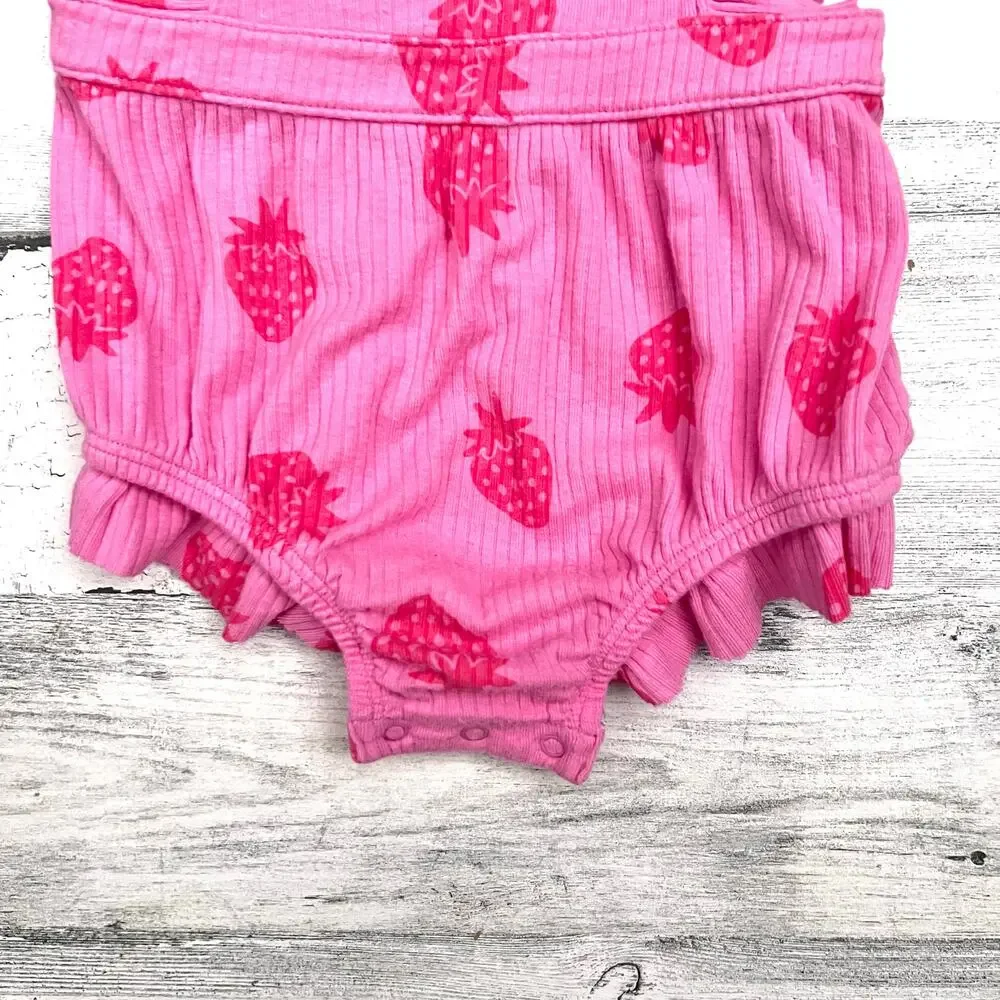 🍄3/$15 Cat & Jack Ribbed Romper Baby 18M Pink Strawberry Print Adjustable Ruffle